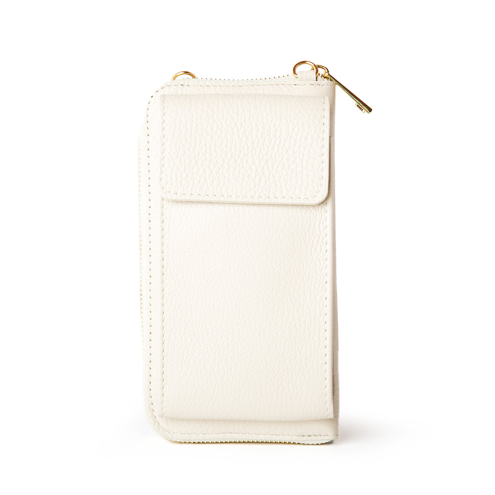 Italian leather India crossbody bag with card slots and pocket, popper fastening and detachable cross strap in white